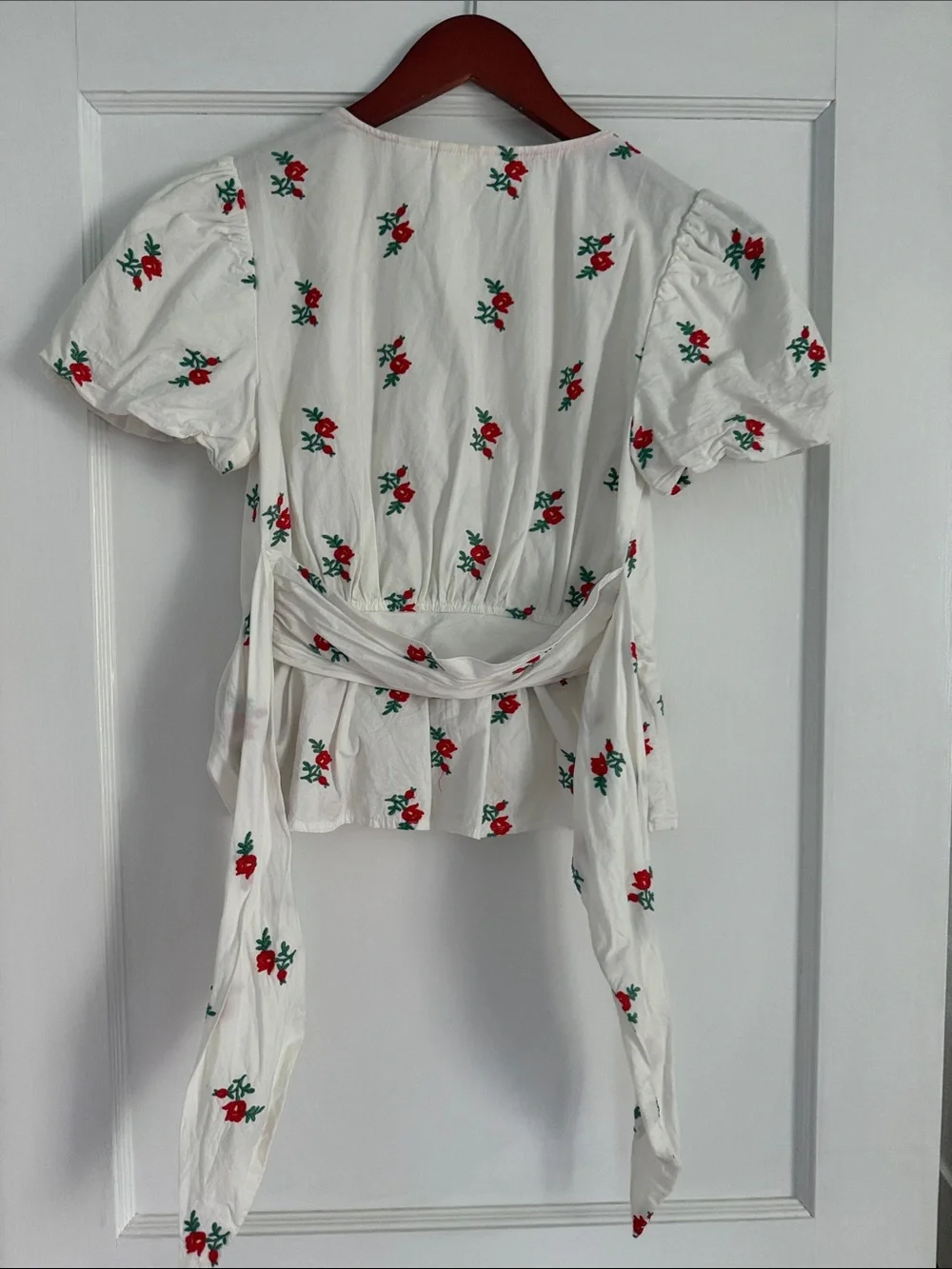 Anthropologie White Button-Front Peplum Top with Red Floral Embroidery